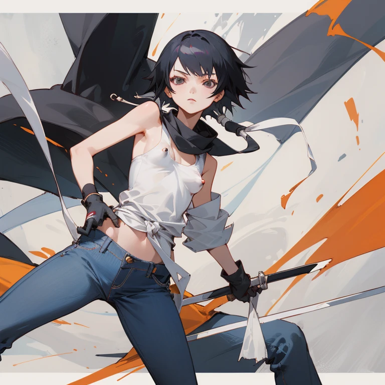 ((highest quality)), ((masterpiece)), (be familiar with),  BLEACH,Soi Fon, 1 girl, alone,  erect nipples, black hair,slanted eyes, Black clothes,jeans, Slender,slender,short hair with long locks, short hair, small breasts, gloves, put your hand on your waist