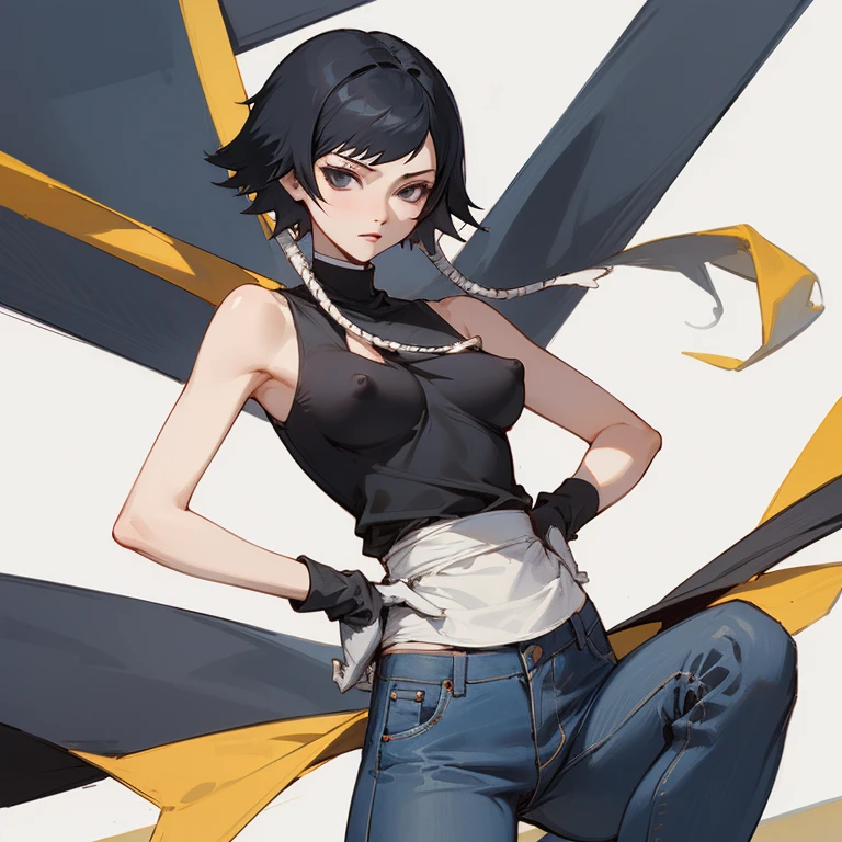 ((highest quality)), ((masterpiece)), (be familiar with),  BLEACH,Soi Fon, 1 girl, alone,  erect nipples, black hair,slanted eyes, Black clothes,jeans, Slender,slender,short hair with long locks, short hair, small breasts, gloves, put your hand on your waist