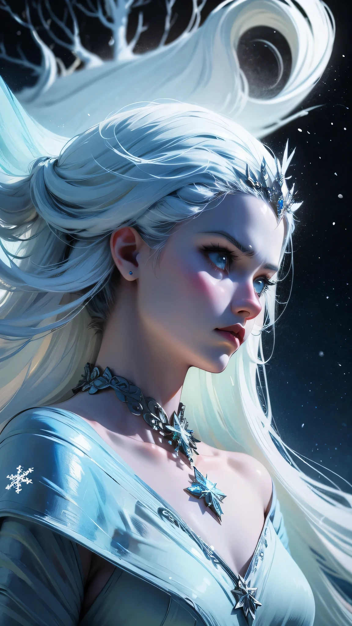 Masterpiece, Best Quality, Ivory Snow Hair Color, Pure and Ethereal, Draped in Frost with Crystal Embellishments, Ice Blue Eye Color, Glacial, 1 Goddess, Skadi, Bowing Head, Frosty Gaze, Stoic Expression, Frozen Realm, Celestial Bow, Norse Mythology, snowflakes, (magic:0.7), (from the heavens:0.7)