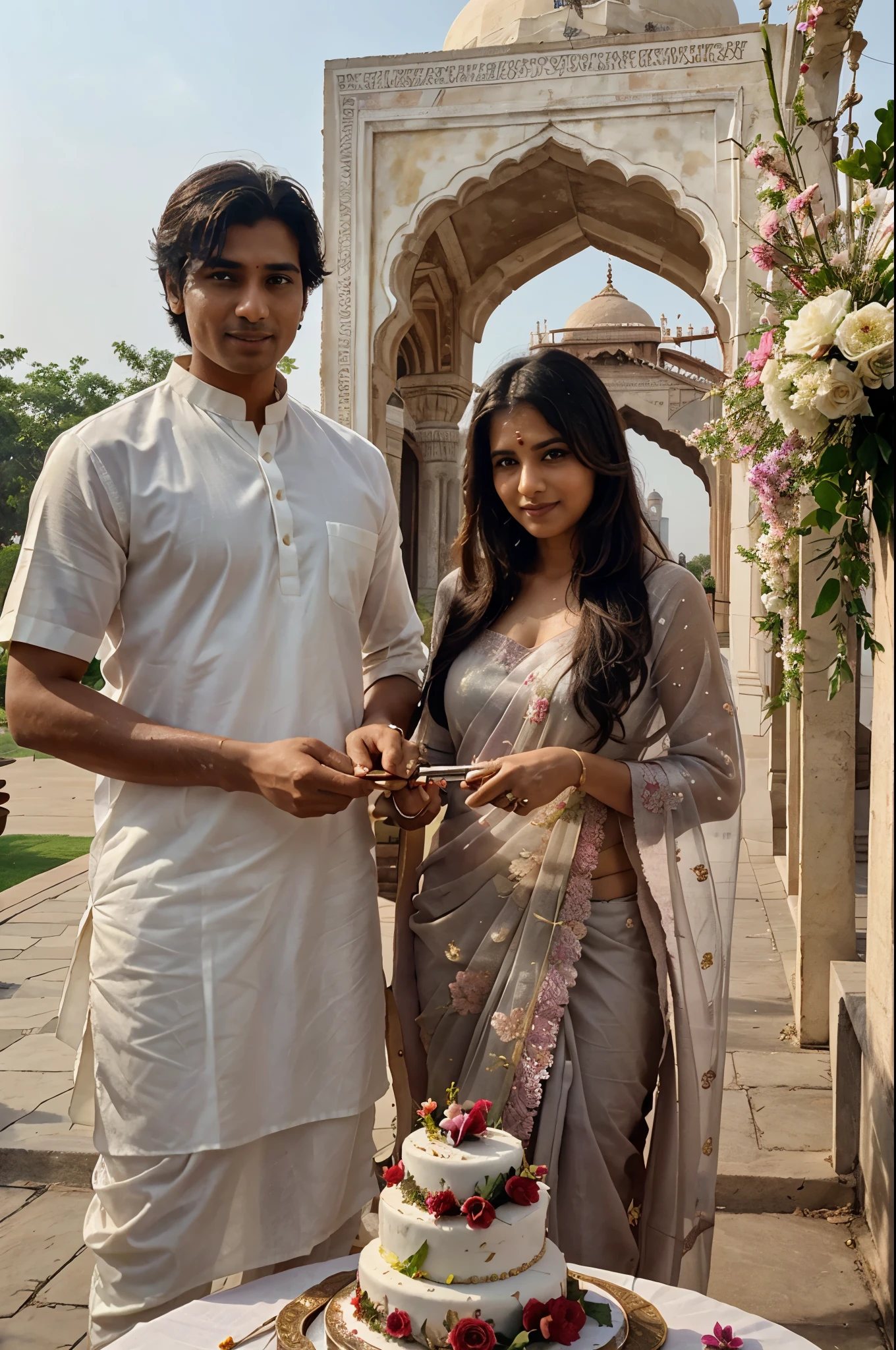 realistic boy and girl
celebrating marriage anniversary
cake cutting
tajmahal in background with flower decoration
girl in saree and boy in kurta
