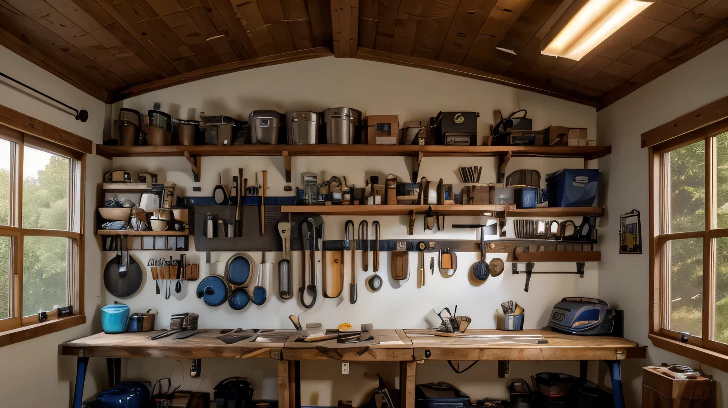a detailed depiction of a sturdy workbench, equipped with various power tools and accessories, surrounded by a spacious and well-lit workshop. The workbench should be made of solid wood or metal, showcasing craftsmanship and strength. The surface should be smooth and polished, highlighting its durability. [heavy-duty workbench], [solid wood or metal], [polished surface], [craftsmanship], [strength]. Nearby, a collection of high-quality power tools are neatly arranged, including drills, saws, sanders, and other essential equipment for woodworking and construction. The tools should be clean and well-maintained, with sharp blades and vibrant color accents, exuding a sense of precision and professionalism. [clean and well-maintained power tools], [sharp blades], [vibrant color accents], [precision], [professionalism]. The workshop itself should be spacious and well-organized, with ample storage for materials and supplies. [spacious and well-organized workshop], [ample storage], [materials and supplies]. Lighting plays a crucial role in this scene, with bright overhead lights illuminating the workbench and the surrounding area, ensuring clear visibility and enhancing the overall atmosphere. [bright overhead lights], [clear visibility], [enhanced atmosphere]. The color palette of the image should be warm and inviting, with hues of brown and earthy tones, creating a cozy and inspiring environment. [warm and inviting color palette], [brown and earthy tones]. The overall quality of the image needs to be of the utmost standard, showcasing every detail in high resolution (best quality, 4k, 8k, highres, masterpiece:1.2), with a focus on ultra-detailed rendering and sharpness (ultra-detailed, sharp focus:1.1). [best quality, 4k, 8k, highres, masterpiece:1.2], [ultra-detailed, sharp focus:1.1]. The artistic style should reflect realism and accuracy, capturing the intricate details of the workbench and tools, while still maintaining a sense of aesthetic appeal. [realistic, photogr