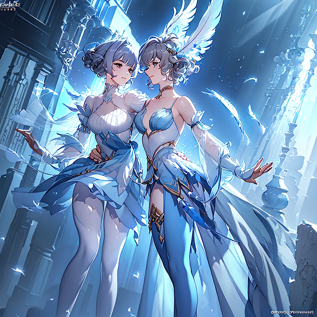 ((Masterpiece: 1.5, best quality, high resolution: 1.3, super resolution, super detailed, ultra detailed: 1.3, rich background: 1.2, Perfect Anatomy:1.5, 1 woman) pale skin + blue-gray hair + Short curly hair locks long, French bangs + light blue + feminine figure + medium chest + small waist + wide hips + floppy sheep's ears (intricate bodysuit, long semi-transparent stockings, feathers, delicate wide sleeves, long transparent fabric skirt, minimal jewelry, ballet costume beautiful, ballet slippers) (( open eyes, smile, lonely ballet pose, dramatic lighting, elegant street background)) (( pastel colors ))