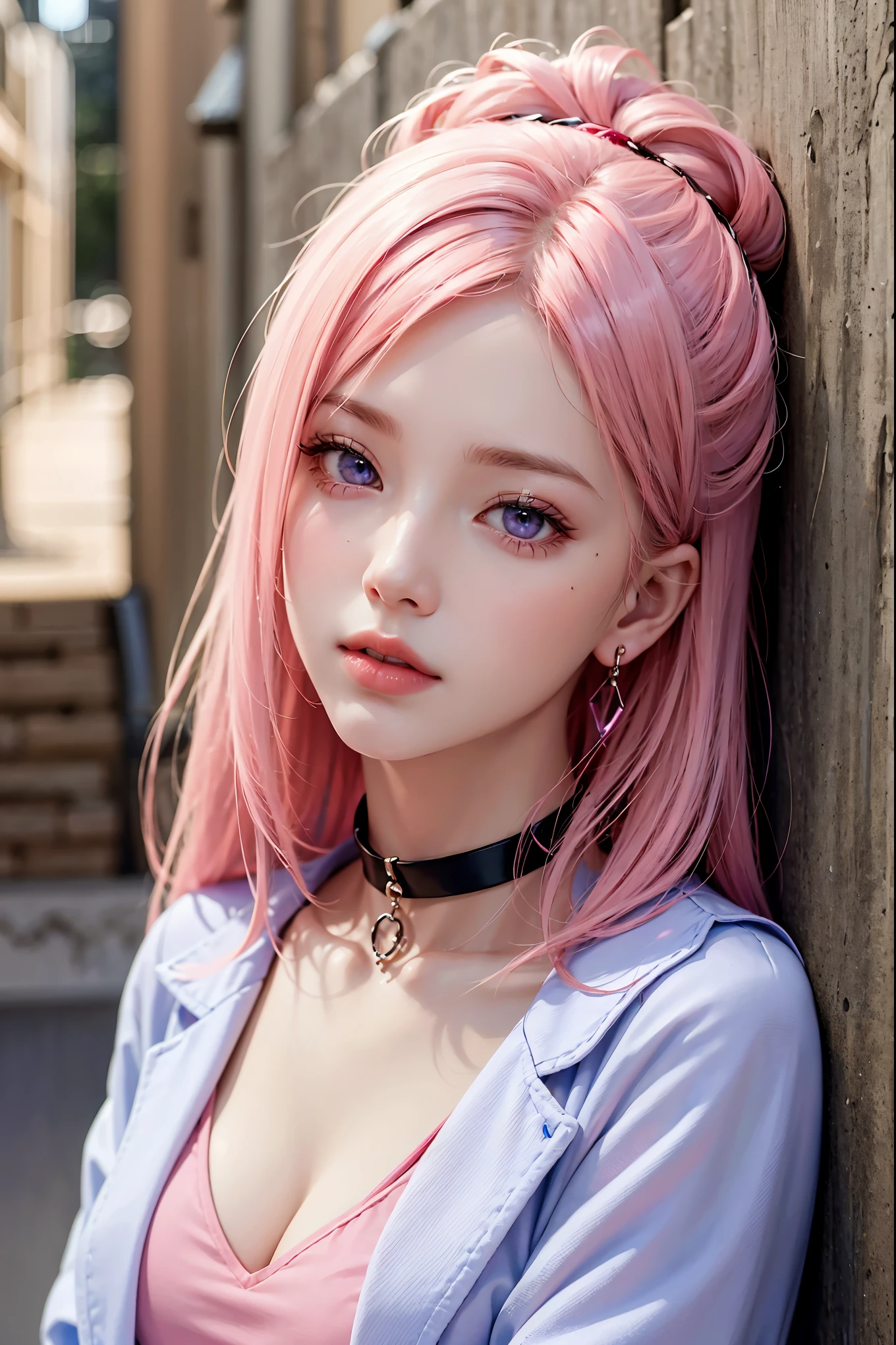 (masterpiece, best quality, 1girl, solo, intricate details, chromatic aberration), realistic, ((medium breath)),long hair, pink hair, red head ornament, pink highlights, hair over one eye,purple eyes, earrings, sharp eyes, choker, neon shirt, open jacket, crop top, (symmetry eyes),(perfect symmetrical body),against wall, brick wall, graffiti, dim lighting, alley ,look at viewer