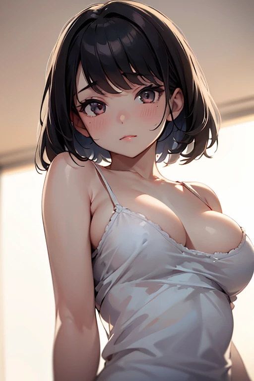1girl,solo,retina,masterpiece, Awards, high quality, High resolution, HD, 4K,8K,high quality, rough skin,breast focus,depth of field,(line drawing:1.1),(large breasts:1.3),faint smile,oily skin,Relative to the girl,underside of breasts,(mochi shaped breasts:1.2),(closeup upperbody:1.5),white clothe,(perfect breasts from below:1.1),perspective,baby face,(short height,petite:1.3),camisole