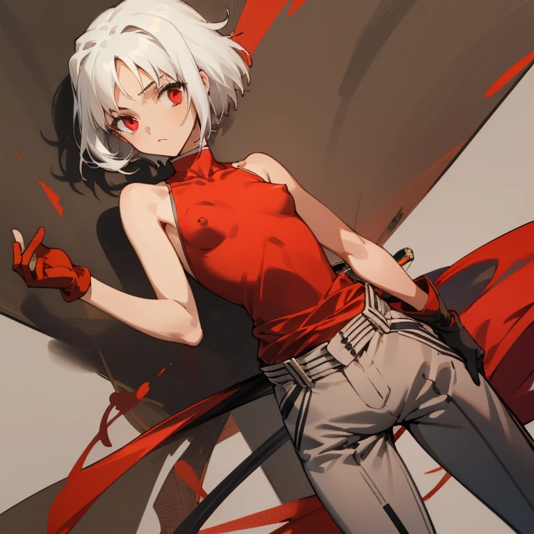 ((highest quality)), ((masterpiece)), (be familiar with), CANAAN, 1 girl, alone, silver hair,brown skin,red eyes,long pants,red sleeveless,Clothes with a visible back, Slender,slender,short hair,small breasts, erect nipples,  No bra, gloves, put your hand on your waist