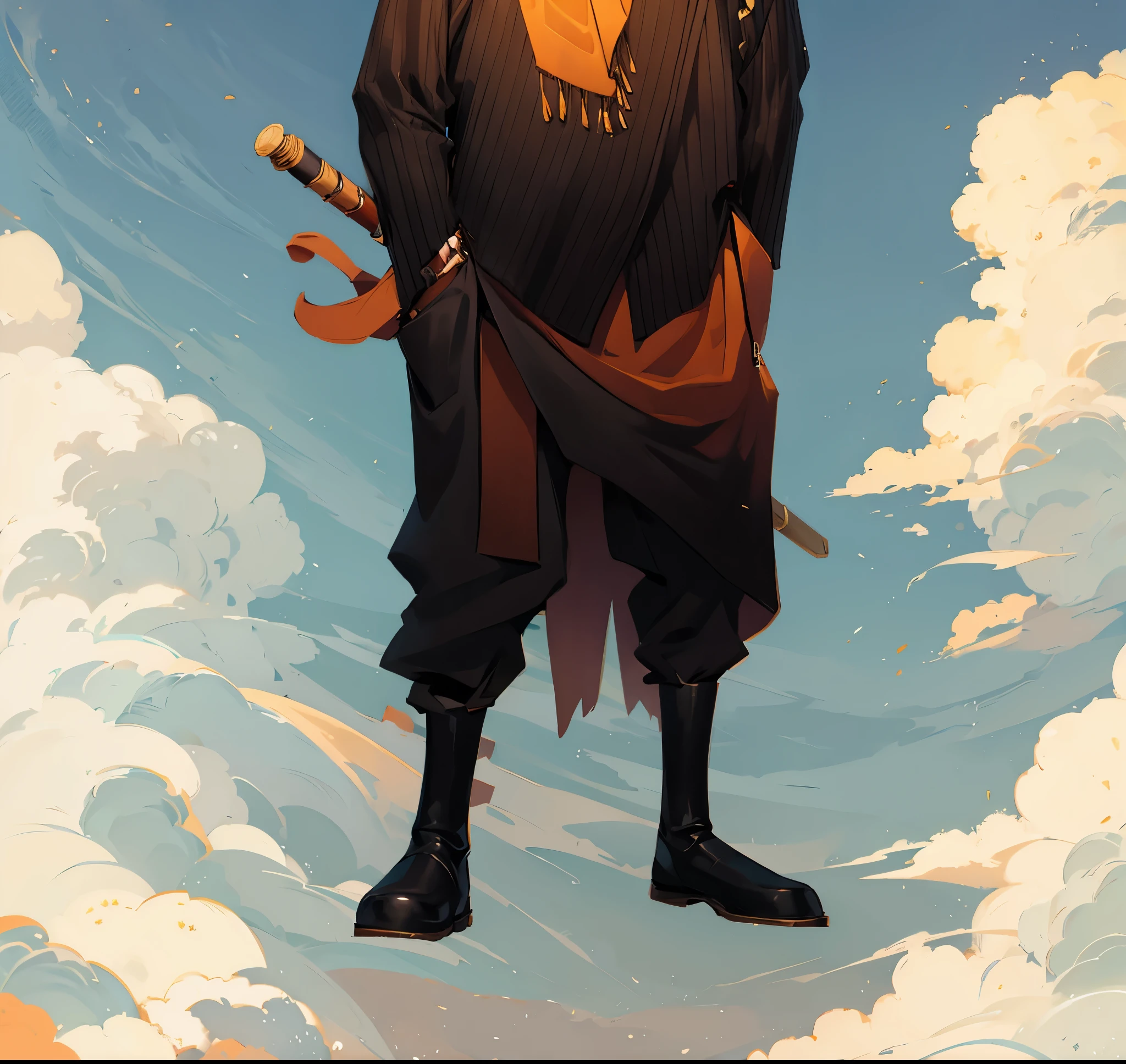 a man wearing brown striped shirt, shawl on his shoulder, hands in his pocket, ((bronze shawl around his hip)), carrying a wooden staff and wooden sword behind him, ((black loose pants), (wearing black boots)), hands in his pocket, inside photo studio,