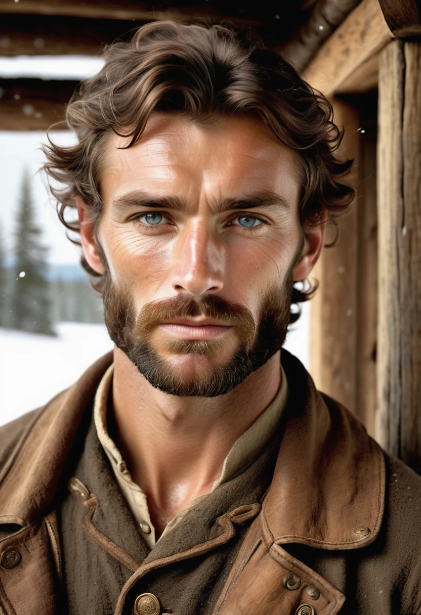(highly detailed, soft light, photorealistic, dynamic light; cinematic); victorian era; 1820s; 33 years old man; German; 1820s gentleman; leadership figure; strikingly handsome; confident and intensely alluring; wild man aesthetic; defined cheekbones; defined strong jawline; longer chin; handsome face; strapping; tough but romantically interested expression; masculine face with several scars; charismatic; grizzled; sensual; strong aristocratic nose; manly passionate air; very attractive; burly broad stature; broad strong shoulders; ruddy weathered skin; long stubble beard; natural light-blue eyes; thick strong chestnut-brown eyebrows; carefully-shaped 1820s sideburns; 1820s old thick brown coat; short chestnut-brown hair in 1820's hairstyle; full firm masculine lips; standing in a cosy log cabin during a snowy day in 1820's Canada; looking at camera