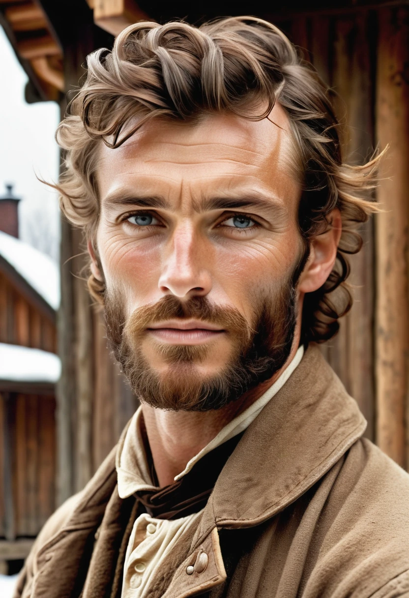 (highly detailed, soft light, photorealistic, dynamic light; cinematic); victorian era; 1820s; 33 years old man; German; 1820s gentleman; leadership figure; strikingly handsome; confident and intensely alluring; wild man aesthetic; defined cheekbones; defined strong jawline; longer chin; handsome face; strapping; tough but romantically interested expression; masculine face with several scars; charismatic; grizzled; sensual; strong aristocratic nose; manly passionate air; very attractive; burly broad stature; broad strong shoulders; ruddy weathered skin; long stubble beard; natural light-blue eyes; thick strong chestnut-brown eyebrows; carefully-shaped 1820s sideburns; 1820s old thick brown coat; short chestnut-brown hair in 1820's hairstyle; full firm masculine lips; standing in a cosy log cabin during a snowy day in 1820's Canada; looking at camera