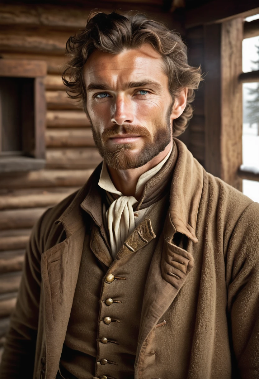 (highly detailed, soft light, photorealistic, dynamic light; cinematic); victorian era; 1820s; 33 years old man; German; 1820s gentleman; leadership figure; strikingly handsome; confident and intensely alluring; wild man aesthetic; defined cheekbones; defined strong jawline; longer chin; handsome face; strapping; tough but romantically interested expression; masculine face with several scars; charismatic; grizzled; sensual; strong aristocratic nose; manly passionate air; very attractive; burly broad stature; broad strong shoulders; ruddy weathered skin; long stubble beard; natural light-blue eyes; thick strong chestnut-brown eyebrows; carefully-shaped 1820s sideburns; 1820s old thick brown coat; short chestnut-brown hair in 1820's hairstyle; full firm masculine lips; standing in a cosy log cabin during a snowy day in 1820's Canada; looking at camera