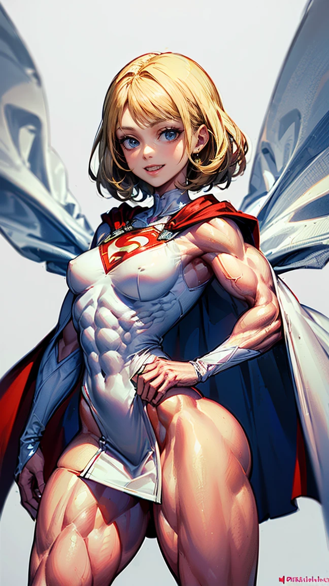 (Muscular:1.9), (thick thighs:1.8),
(supergirl:1.5, (blonde hair:1.5), blue eyes, (big smile:1.6), beauty mark, (small breasts:1.5),
eyeshadow, lipstick, (white tshirt, small cape, red miniskirt:1.5),
looking at viewer, (three quarter view), upper body view,
rim lighting, detailed skin, detailed eyes