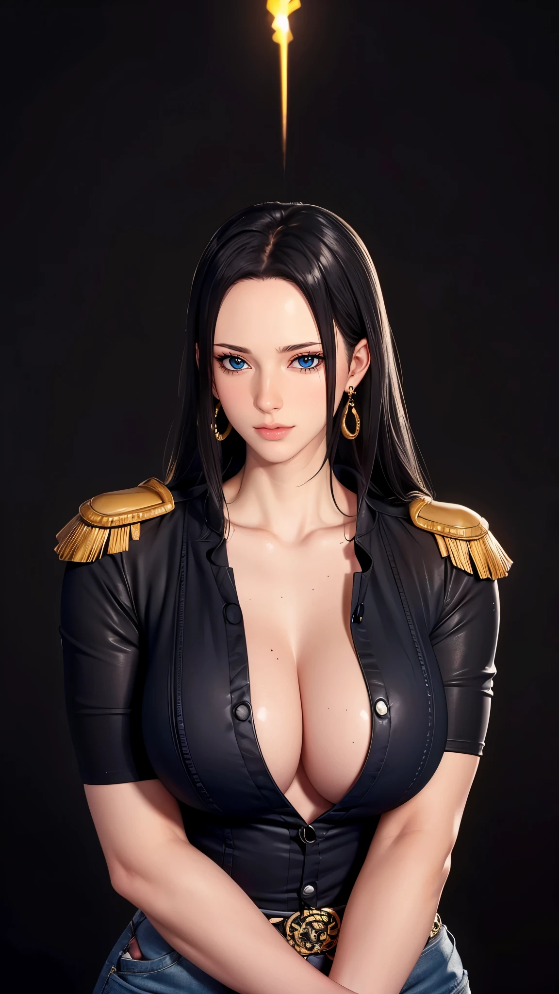 （（（完美figure，figure，Black T-shirt, denim jacket, denim shorts, （（（boa hancock，Dark long hair, combed with a chiffon hairstyle, slightly wide forehead smooth and flat, deep blue eyes, slender and delicate corners of the eyes, almond eyes exuding a hint of coldness, nose bridge high and straight, nose small and delicate, lips soft without any wrinkles. Wearing a pair of snake shaped golden earrings under the ears）））((masterpiece)),high resolution, ((Best quality at best))，masterpiece，quality，Best quality，（（（ Exquisite facial features，looking at the audience,There is light in the eyes，Happy，lol））），型figure:1.7））），（（（Interlacing of light and shadow，huge boobs））），（（（looking into camera，black background，bend over）））