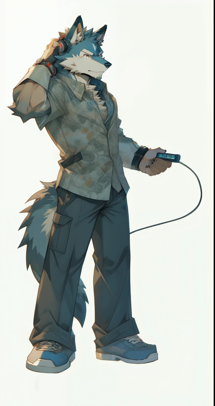 human wolf, furry man wearing tail, Ferson!!!!, Holding headphones, , Super tail, as an anime character, Universal furry style, furry anime, Ferson wearing stylish clothes, furry Ferson