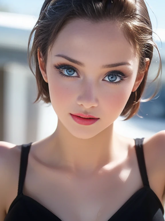 (best quality, 8k, highres, photorealistic:2.0), (solo, one girl:2.0),(photo taken using flash:1.9),(brighten the subject:1.8),(ultimate beautiful girl:2.0),(shiny skin),(oily skin),(blonde hair:1.5),(short hairstyle:1.5),(cool beauty:2.0),Blush brown makeup , dark eye makeup , use pink glossy lipstick,(big beady eyes girl:1.5),(droopy-eyes girl:1.5),(blue eyes:1.5),(thin girl:1.5),(baby face girl),(sex appeal),(sweet smelling girl),(Photographed at the Museum of Modern Art:1.8),(A girl who works part-time at an art museum:1.3),(she works for low wages:1.5),(kind-hearted woman:1.5),(she has a nice smile:1.3),(woman with a happy look:1.3),(she is very sociable),(from a very poor family:1.5),(virgin girl),(She is a secret pervert.),(she covertly lewd),(she looks so erotic),(Preserve virginity for devout Christians),chuuChloe,(Breast cleavage emphasis),(A woman with very soft breasts),(woman fantasizing about sex),(allurement),(I love masturbating),(impressive eyes:1.5),(clean girl),(affability)