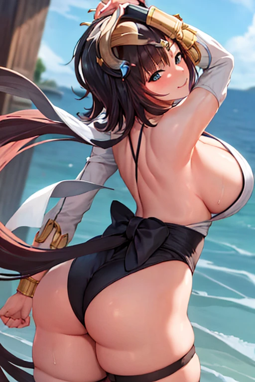 masterpiece, best quality, beautiful art, high resolution, well formed hands, body and fingers, 1 woman, solo, Nilou, adult,  up,  big breasted, cleavage, full body, wearing a Iroha Samurai Shodown outfit, hair ornament, gorgeous legs and thighs, black stockings, maid, sexy Japanese clothes, pelvic curtain, leotard peeking, dancing seductively and erotically, turning backwards and forwards , showing her back and front, showing her butt, smiling joyfully, looking at the viewer, flirting, beach environment , biting her lips 