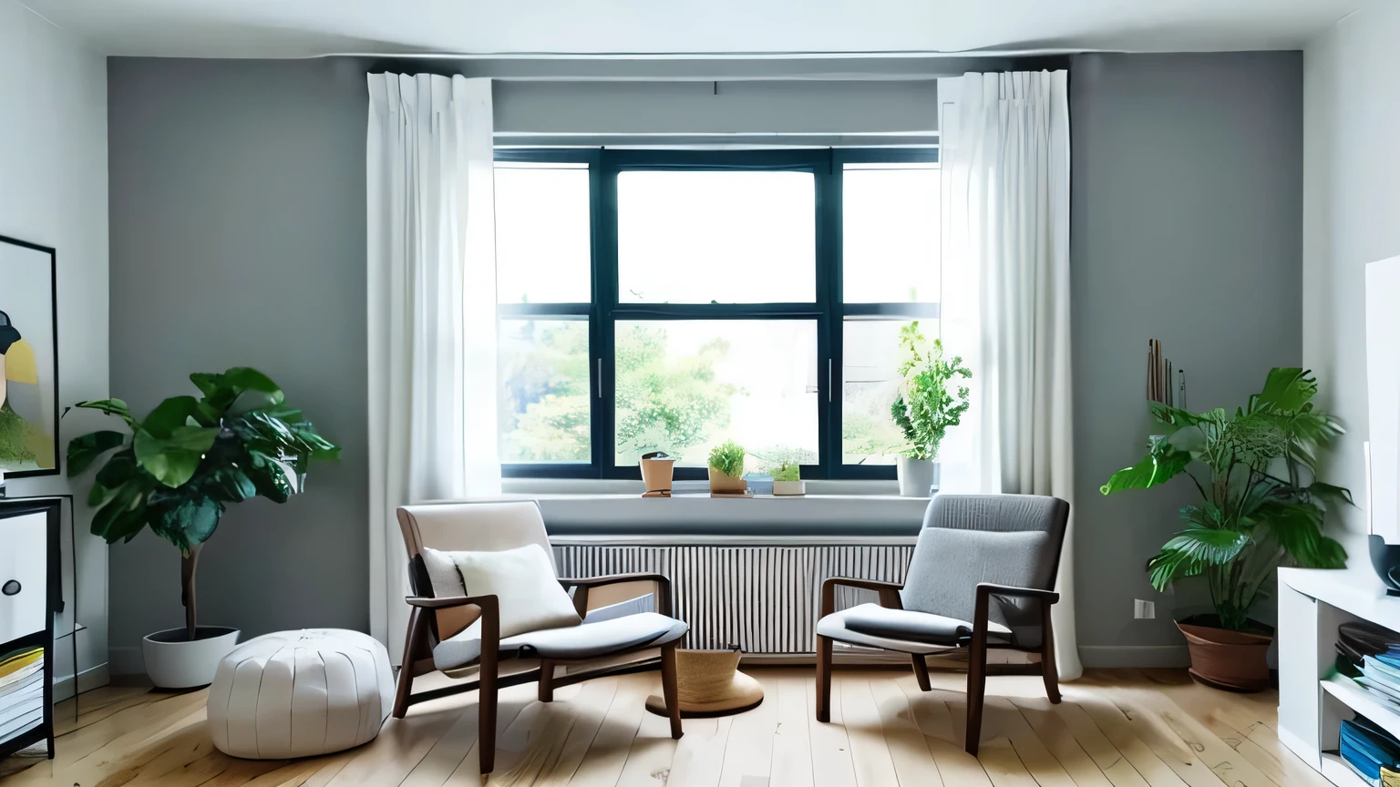 Wide angle of view、The wall color is gray、room、white chair、white table、There are also plants、Bright room、realistic、Simple room