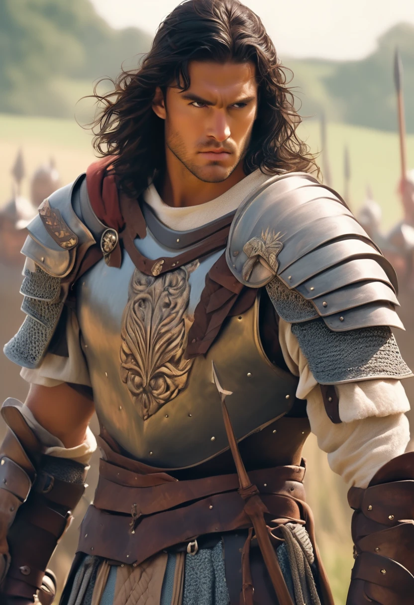 (masterpiece, high quality, best quality), Mighty, HD, actual, perfect lighting, Detailed face, detailed body, 1 male, alone, black hair, green eyes, long black hair, brown and worn leather clothing gladiator style: 1.4), Leather breastplate, 1 wooden spear in hand, Manor farmland background, Knightly style, Suitable for men, strong, angry look