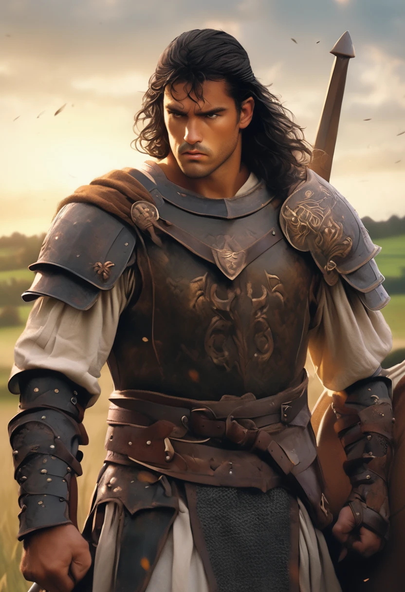 (masterpiece, high quality, best quality), Mighty, HD, actual, perfect lighting, Detailed face, detailed body, 1 male, alone, black hair, green eyes, long black hair, brown and worn leather clothing gladiator style: 1.4), Leather breastplate, 1 wooden spear in hand, Manor farmland background, Knightly style, Suitable for men, strong, angry look