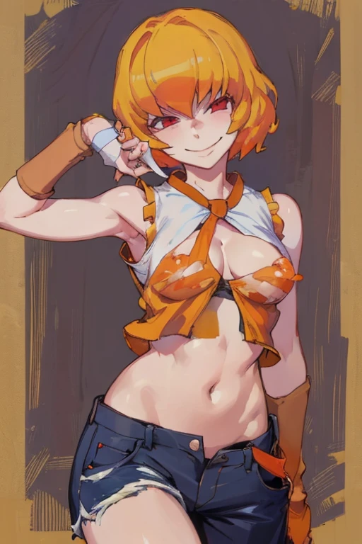 ((highest quality)), ((masterpiece)), (be familiar with),Clementine,Overload,{{nsfw}},Sleeveless shirt,pants,bewitching smile