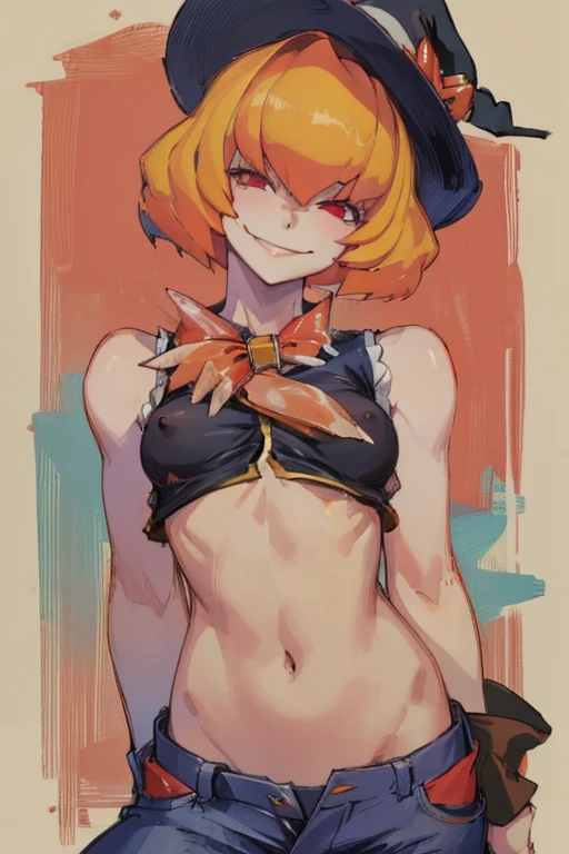 ((highest quality)), ((masterpiece)), (be familiar with),Clementine,Overload,{{nsfw}},Sleeveless shirt,pants,bewitching smile