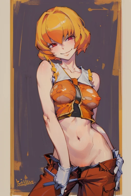 ((highest quality)), ((masterpiece)), (be familiar with),Clementine,Overload,{{nsfw}},Sleeveless shirt,pants,bewitching smile