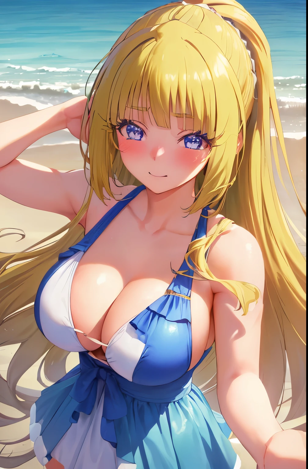 (masterpiece, best quality, highres, UHD, perfect pixel, depth of field, 4k, RTX, HDR))), (karuizawa), 1girl, single, solo, beautiful anime girl, beautiful artstyle, anime character, , ((long hair, bangs, blonde hair, straight:1.2, hair pin)), ((detailed face, blushing:1.2)), ((detailed eyes:1.8, sparkling effect, detailed eyelashes, beautiful eyelashes)), ((smooth texture:0.75, realistic texture:0.55, anime CG style)), ((big breasts, cleavage)), dynamic angle, busty, perfect body,full body, ((close up, POV, portrait, cute)), ((swimwear)), morning scene, natural light, (outdoor, in beach ,she dries her hair,sohappy)