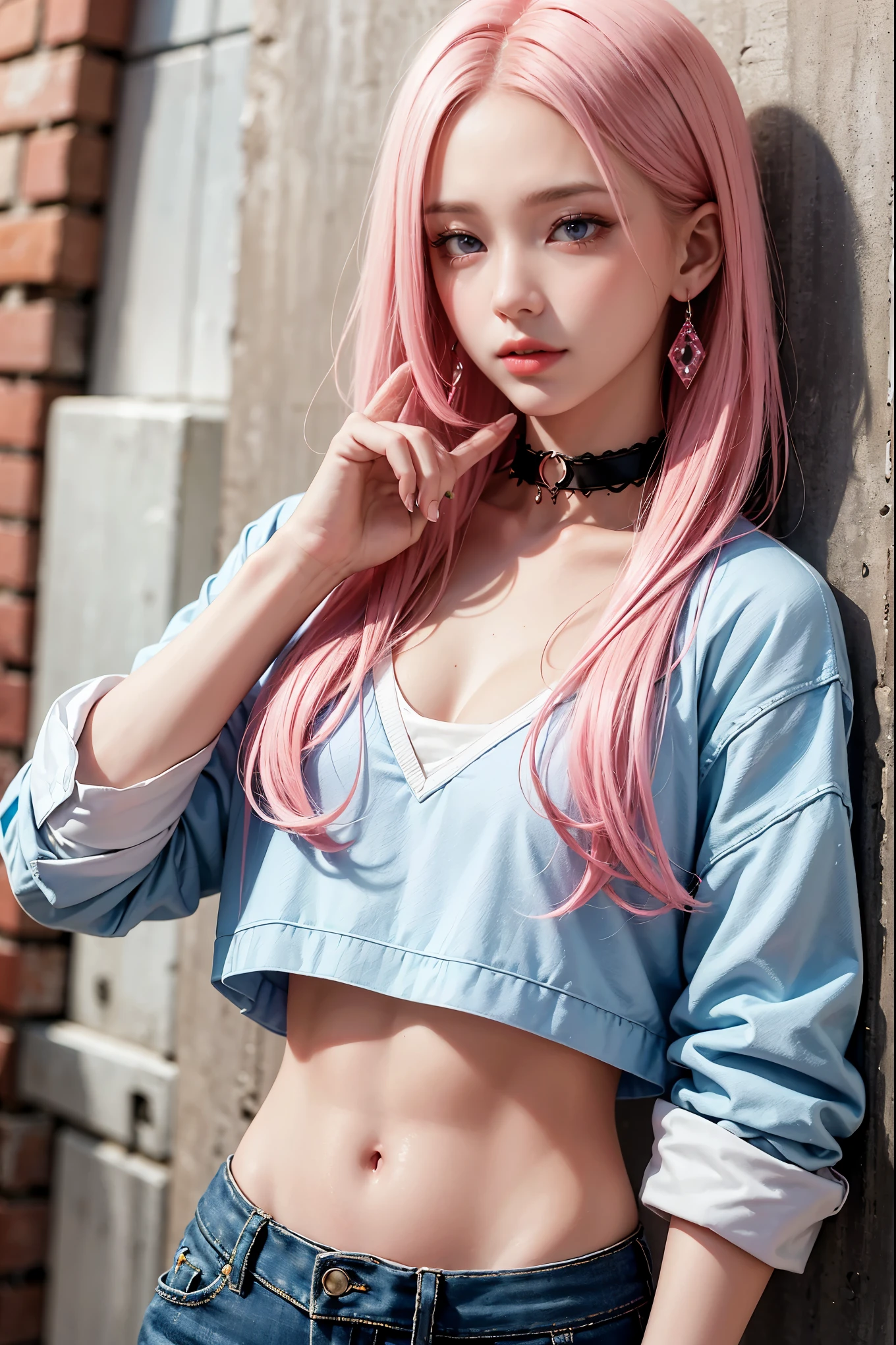 (masterpiece, best quality, 1girl, solo, intricate details, chromatic aberration), realistic, ((medium breath)),long hair, pink hair, red head ornament, pink highlights, hair over one eye,purple eyes, earrings, sharp eyes, choker, neon shirt, open jacket, crop top, (symmetry eyes),(perfect symmetrical body),against wall, brick wall, graffiti, dim lighting, alley ,look at viewer