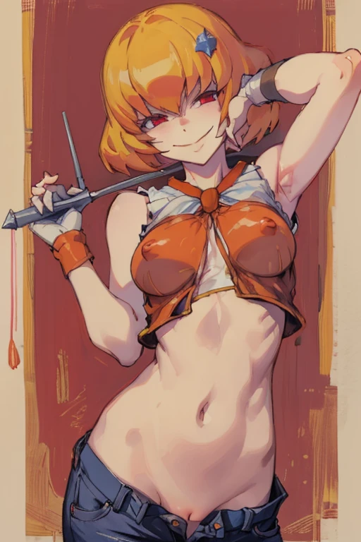 ((highest quality)), ((masterpiece)), (be familiar with),Clementine,Overload,{{nsfw}},Sleeveless shirt,pants,bewitching smile
