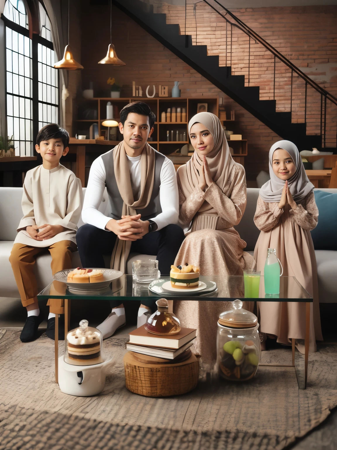 there are three people sitting on a couch with a cake, an indonesian family portrait, happy family, by Basuki Abdullah, muslim, taken with canon 5d mk4, taken with canon eos 5 d mark iv, shot with canon eoa 6 d mark ii, portrait shot, shot on canon eos r 5, shot on canon eos r5, family dinner