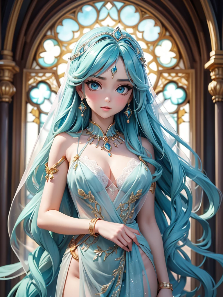 (best quality, high resolution, masterpiece:1.2), Super detailed, Beautiful and delicate lake green eyes, Beautiful and delicate lips, extremely detailed face, super long hair, 1 girl, Beautiful girl with aqua blue hair, Wearing a royal blue royal costume, see-through chiffon platinum shawl, (gold ornaments), golden and silver pattern, (light blue pattern), (complex pattern:0.7), Lovely, attractive, portrait, delicate eyes, ancient  church, Luminous earrings, Reflective pupil, see-through clothing design, (empty:0.7), silk, chiffon, (see-through chiffon), (lace:0.9), black gloves, Gem necklace, Diamond ring, Diamond hairpin, Cubist Futurism, anime, 8K, textured skin, UHD, ccurate, super detail