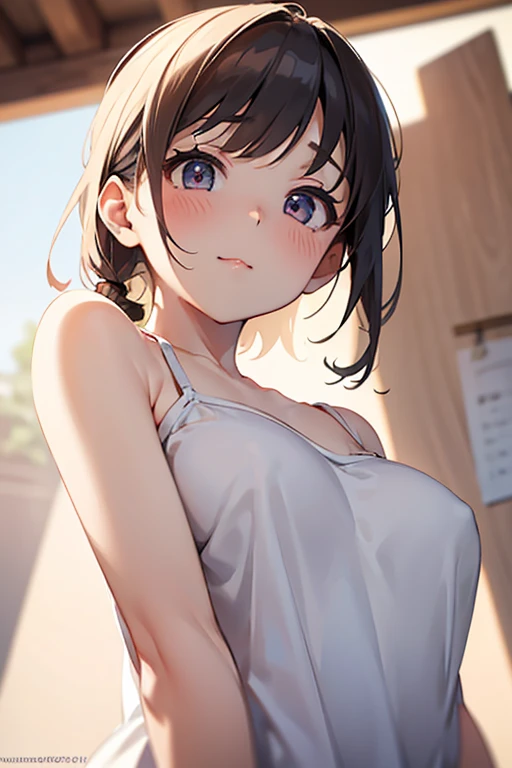 1girl,solo,retina,masterpiece, Awards, high quality, High resolution, HD, 4K,8K,high quality, rough skin,breast focus,depth of field,(line drawing:1.1),(large breasts:1.3),faint smile,oily skin,Relative to the girl,underside of breasts,(mochi shaped breasts:1.2),(closeup upperbody:1.5),white clothe,(perfect breasts from below:1.1),perspective,,(short height,petite:1.3),camisole,cleavage