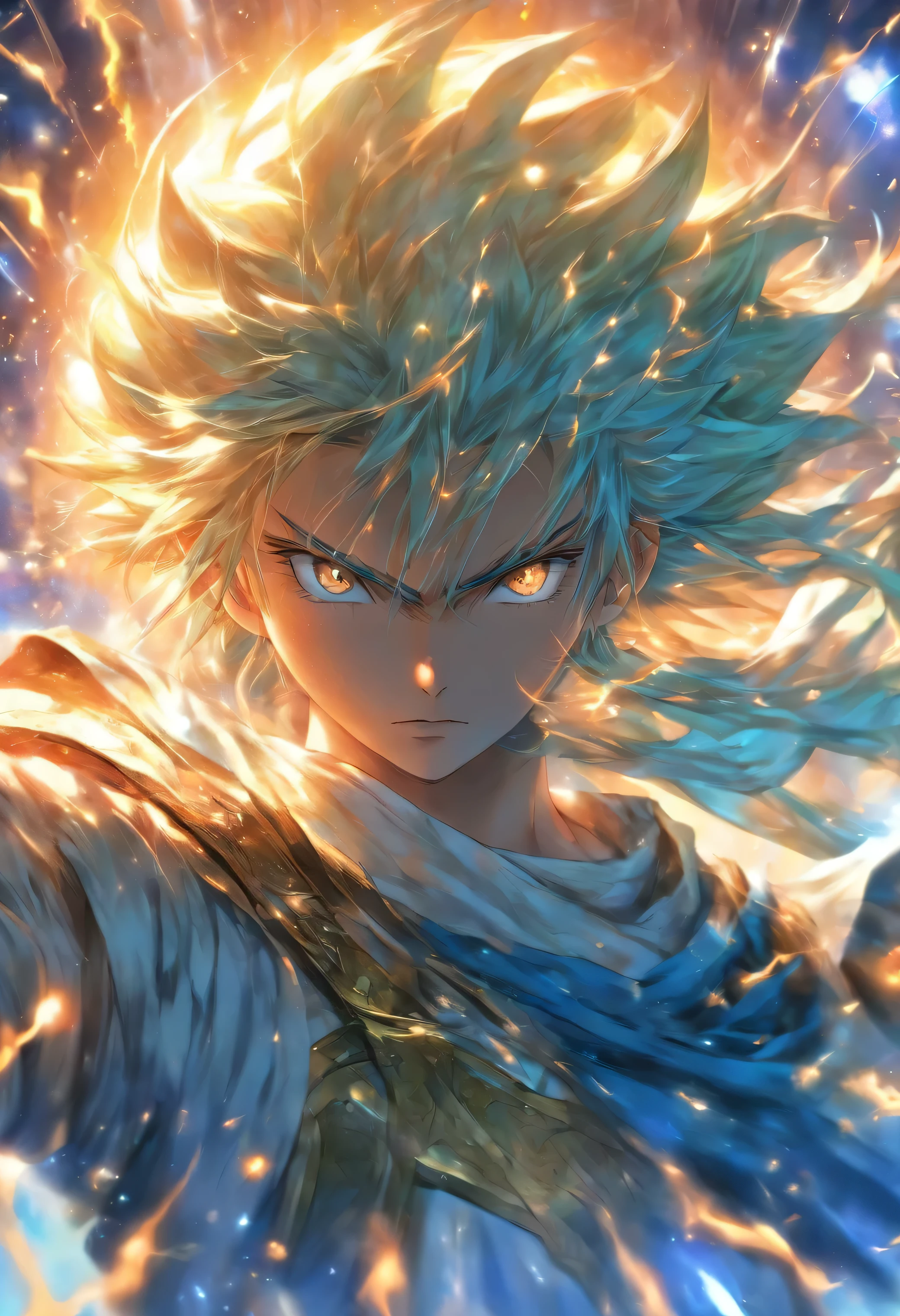 foreshortening, profundidade de campo, master part, best quality, 1rapaz, blue hairs , olhos azuis, cabelos longos, no ar, bolha de ar,sorrindo, sozinho, Olhando para o Viewer com uma espada de fogo azul, armadura medieval , flutuando, luz solar fraca,