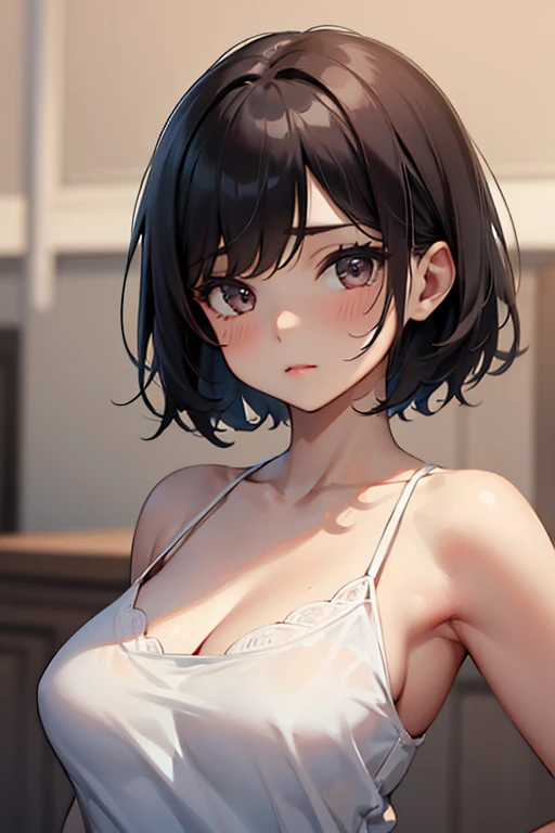 1girl,solo,retina,masterpiece, Awards, high quality, High resolution, HD, 4K,8K,high quality, rough skin,breast focus,depth of field,(line drawing:1.1),(large breasts:1.3),faint smile,oily skin,Relative to the girl,underside of breasts,(mochi shaped breasts:1.2),(closeup upperbody:1.5),white clothe,(perfect breasts from below:1.1),perspective,,(short height,petite:1.3),camisole