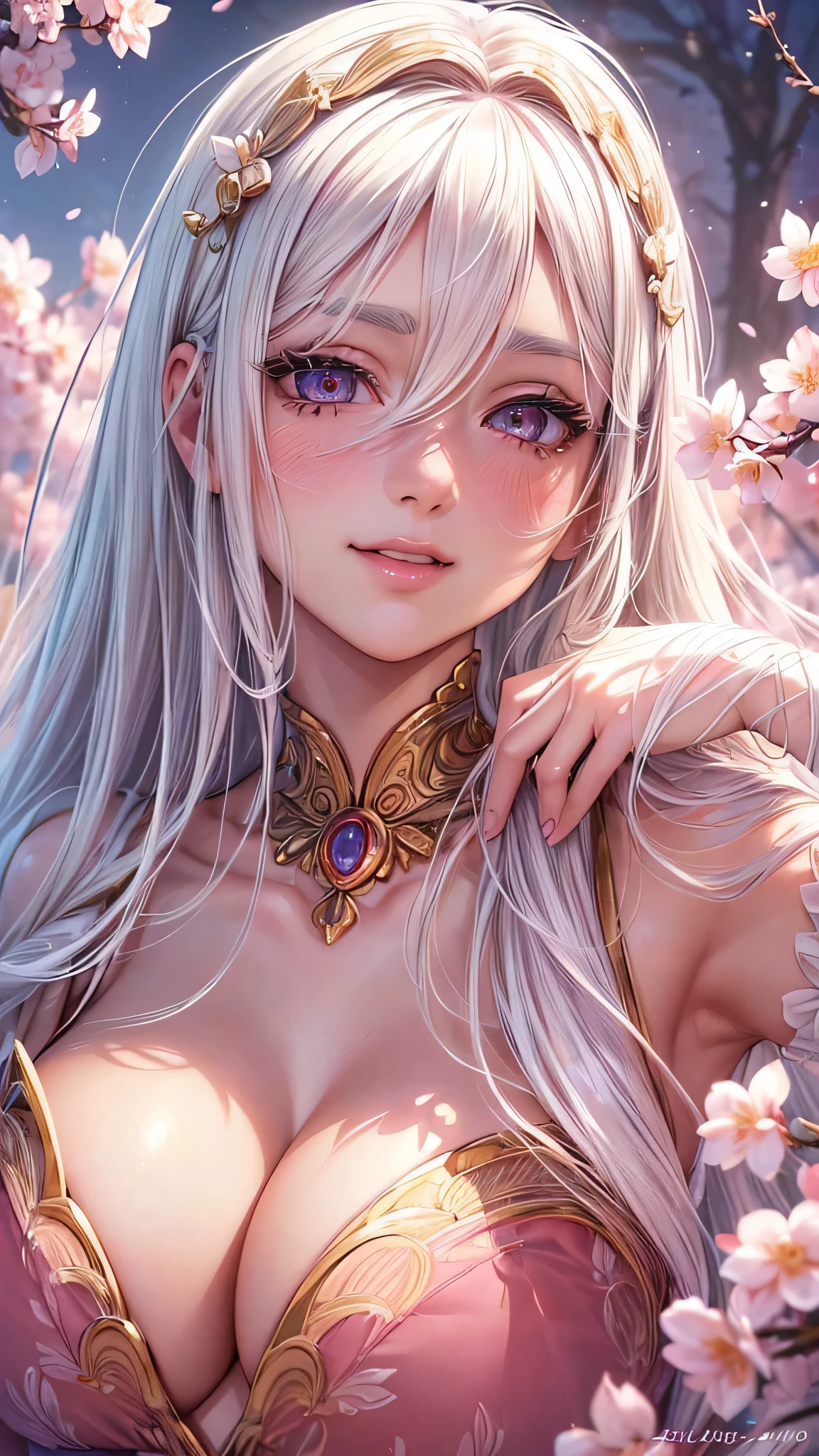 (best quality,ultra-detailed,realistic:1.37), vibrant colors, anime, portraits, white hair, fair skin, flat chest, cute, beautiful smile, angelic face, pink blush, big expressive eyes,long eyelashes, delicate eyebrows, rosy lips, innocent look, flowing dress, elegant pose, soft lighting, cherry blossom background, gentle breeze