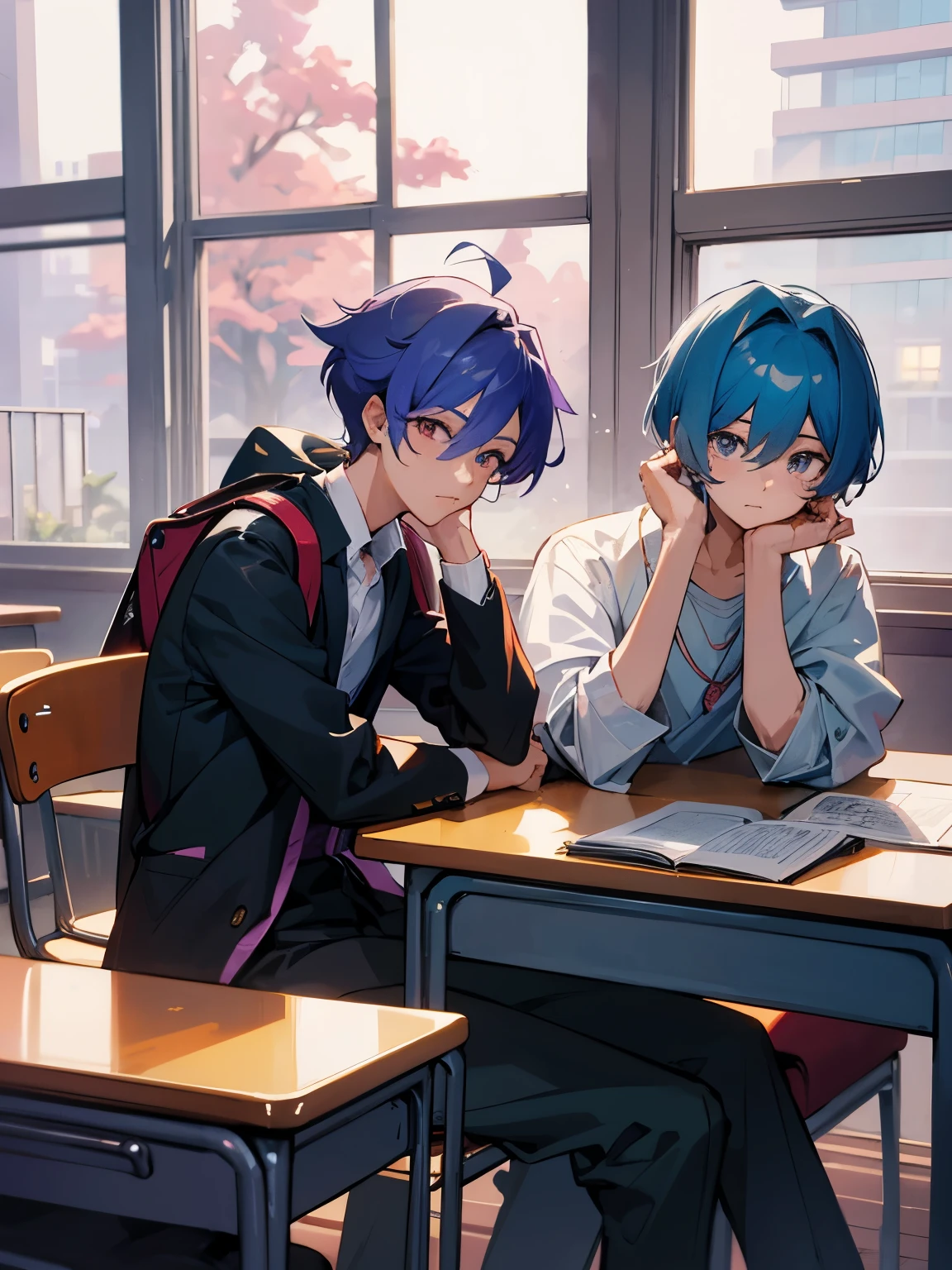 cartoon of two boys sitting at a table with a book and a backpack, ddlc, in the art style of 8 0 s anime, 9 0 s anime style, 90s anime style, in anime style, in an anime style, anime aesthetic, anime vibes, 9 0 s anime aesthetic, 9 0 s anime art style, lofi boy, typical anime classroom, beautiful background window, two cute boys, beautiful faces, two boys, don't extra hands, NO extra hands, generate two boys with NO extra hands, NO extra arm