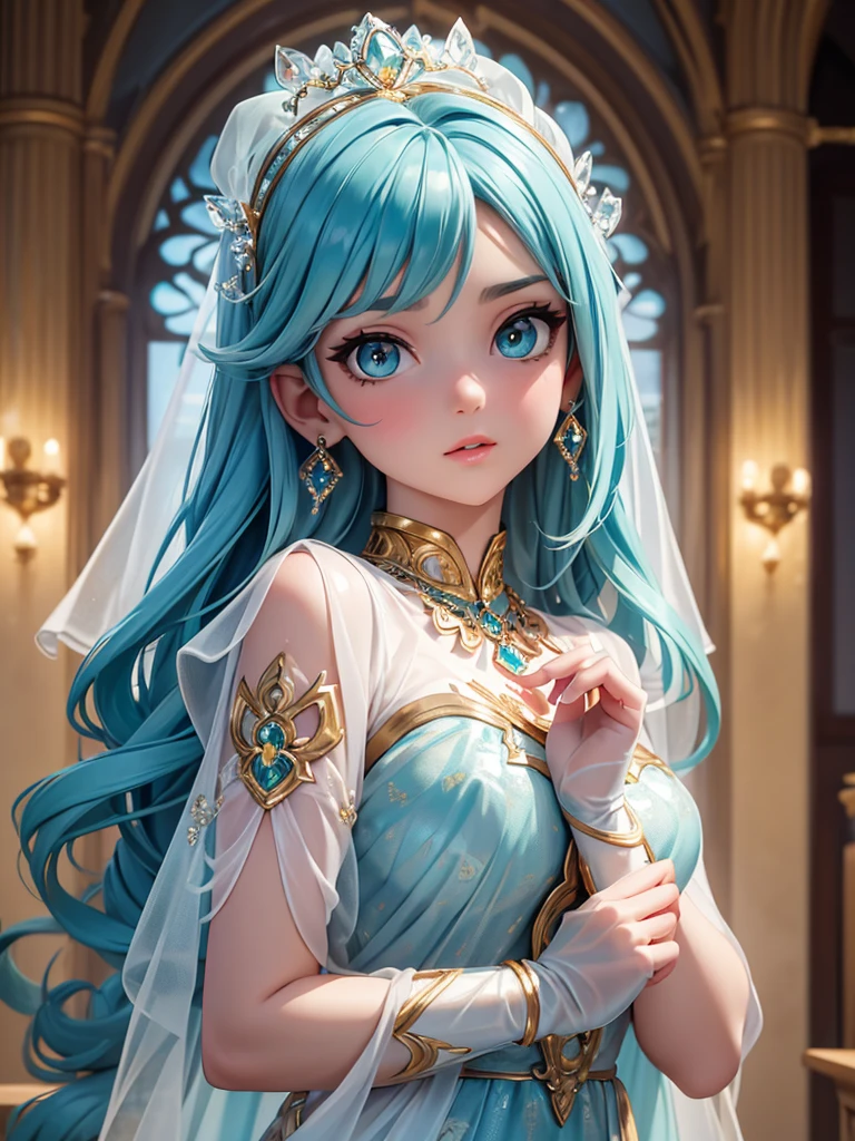 (best quality, high resolution, masterpiece:1.2), Super detailed, Beautiful and delicate lake green eyes, Beautiful and delicate lips, extremely detailed face, super long hair, 1 girl, Beautiful girl with aqua blue hair, Wearing a royal blue royal costume, see-through chiffon platinum shawl, (gold ornaments), golden and silver pattern, (light blue pattern), (complex pattern:0.7), Lovely, attractive, portrait, delicate eyes, ancient  church, Luminous earrings, Reflective pupil, see-through clothing design, (empty:0.7), (silk), ((chiffon)), see-through chiffon, (lace:0.9), black gloves, Gem necklace, Diamond ring, Diamond hairpin, Cubist Futurism, anime, 8K, textured skin, UHD, ccurate, super detail