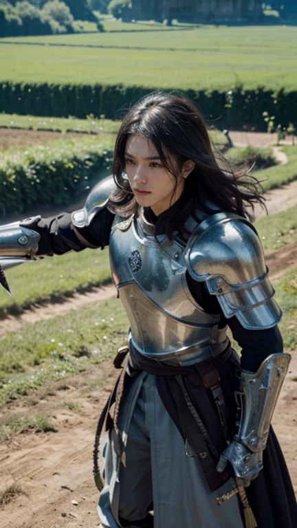 White Western,knight,(Face the audience head-on),Sunlight,standing in the shadows,(above knee)(portrait)((looking forward towards the audience)),(30-year-old male ,The whole body is heavily armored,Fantasy World铠甲,Complex armor structure,Wear a helmet to cover your entire face,The eyes are not exposed,Holding a two-handed sword,dynamic poses),8K original image,High resolution (perfect body proportions,Strong arms,Strong body),Fantasy World,middle Ages,一位男knight,Wearing full body armor,The background is the manor farmland,field,river,Farm