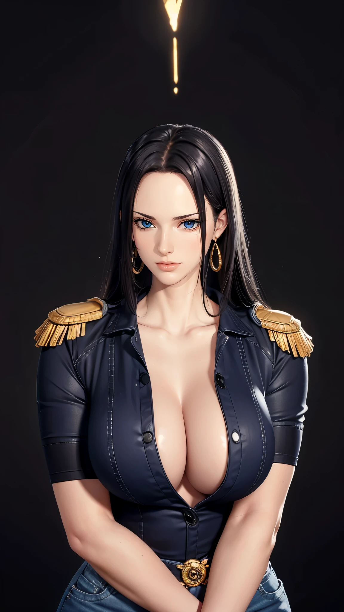 （（（完美figure，figure，Black T-shirt, denim jacket, denim shorts, （（（boa hancock，Dark long hair, combed with a chiffon hairstyle, slightly wide forehead smooth and flat, deep blue eyes, slender and delicate corners of the eyes, almond eyes exuding a hint of coldness, nose bridge high and straight, nose small and delicate, lips soft without any wrinkles. Wearing a pair of snake shaped golden earrings under the ears）））((masterpiece)),high resolution, ((Best quality at best))，masterpiece，quality，Best quality，（（（ Exquisite facial features，looking at the audience,There is light in the eyes，Happy，lol））），型figure:1.7））），（（（Interlacing of light and shadow，huge boobs））），（（（looking into camera，black background，bend over）））