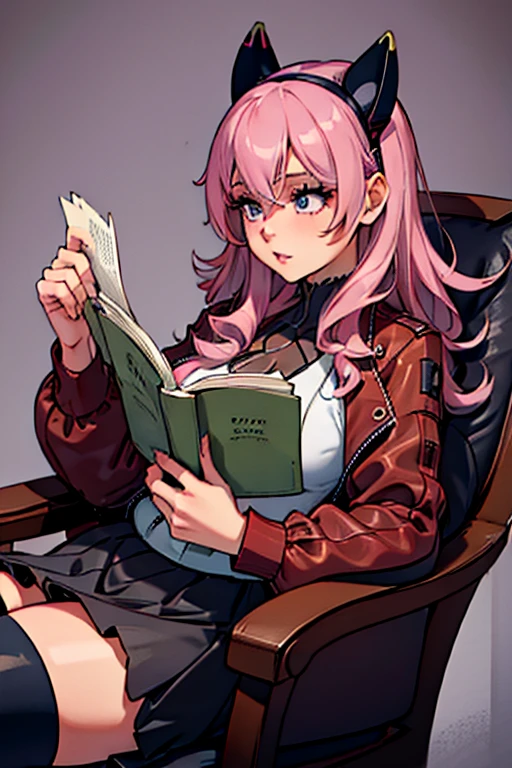 A pink haired woman with violet eyes with an hourglass figure in a cool leather jacket and gothic lolita dress dress is reading a book in a comfy chair