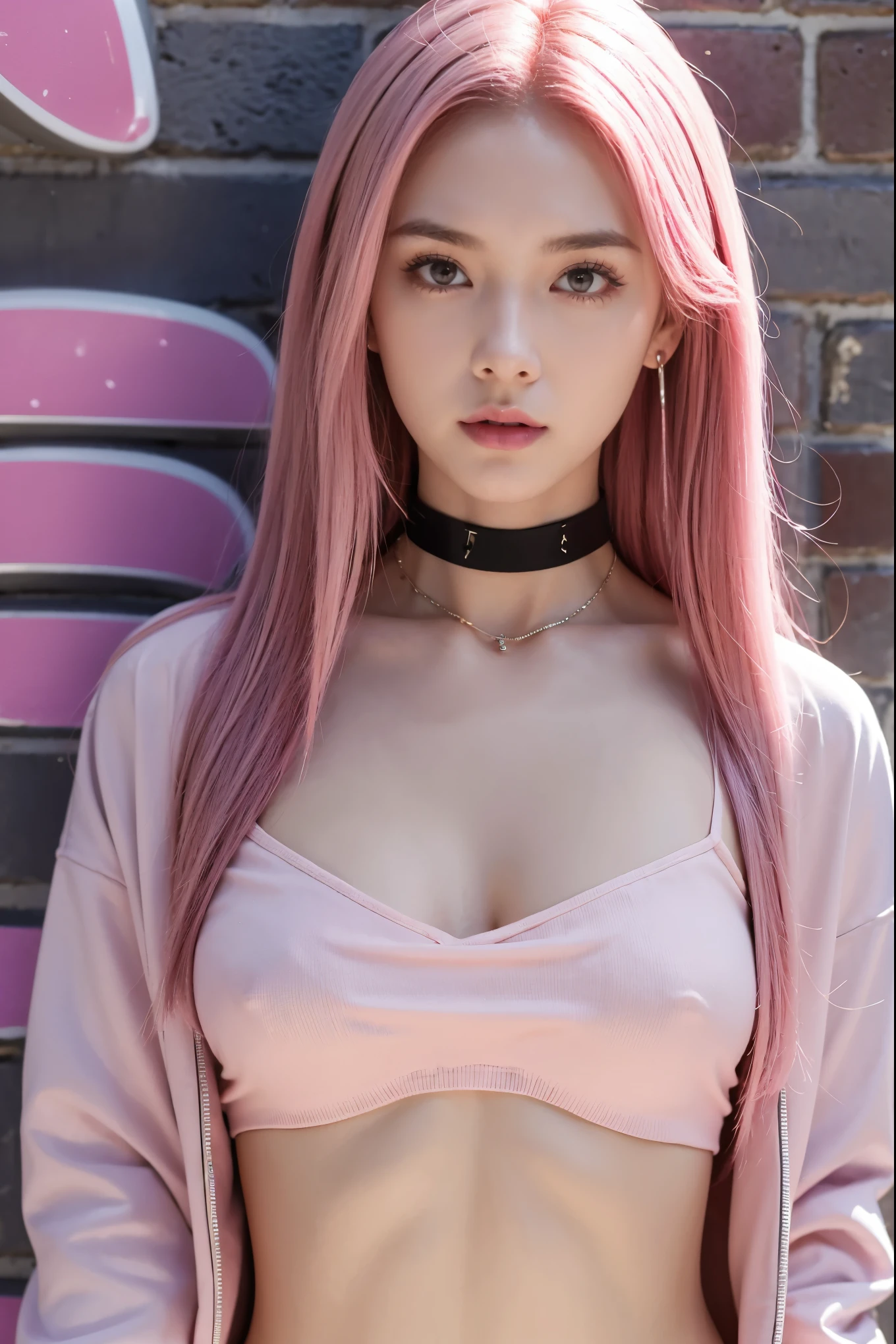 (masterpiece, best quality, 1girl, solo, intricate details, chromatic aberration), realistic, ((medium breath)),long hair, pink hair, red head ornament, pink highlights, hair over one eye,purple eyes, earrings, sharp eyes, choker, neon shirt, open jacket, crop top, (symmetry eyes),(perfect symmetrical body),against wall, brick wall, graffiti, dim lighting, alley ,look at viewer, big , no dress, pink nipples, naked
