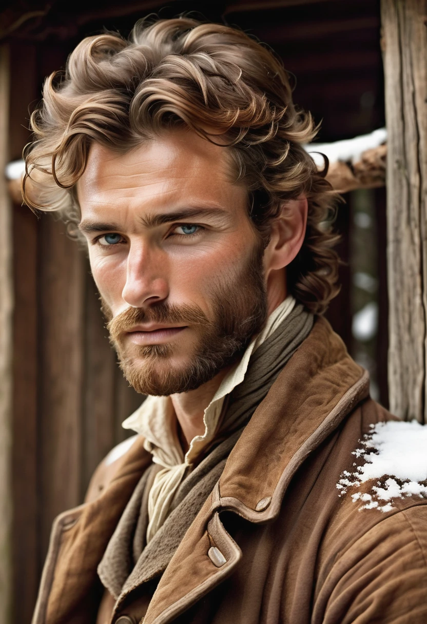 (highly detailed, soft light, photorealistic, dynamic light; cinematic); victorian era; 1820s; 33 years old man; German; 1820s gentleman; leadership figure; strikingly handsome; confident and intensely alluring; wild man aesthetic; defined cheekbones; defined strong jawline; longer chin; handsome face; strapping; tough but romantically interested expression; masculine face with several scars; charismatic; grizzled; sensual; strong aristocratic nose; manly passionate air; very attractive; burly broad stature; broad strong shoulders; ruddy weathered skin; long stubble beard; natural light-blue eyes; thick strong chestnut-brown eyebrows; carefully-shaped 1820s sideburns; 1820s old thick brown coat; short tousled chestnut-brown hair in 1820's hairstyle; full firm masculine lips; standing in a cosy log cabin during a snowy day in 1820's Canada; looking at camera