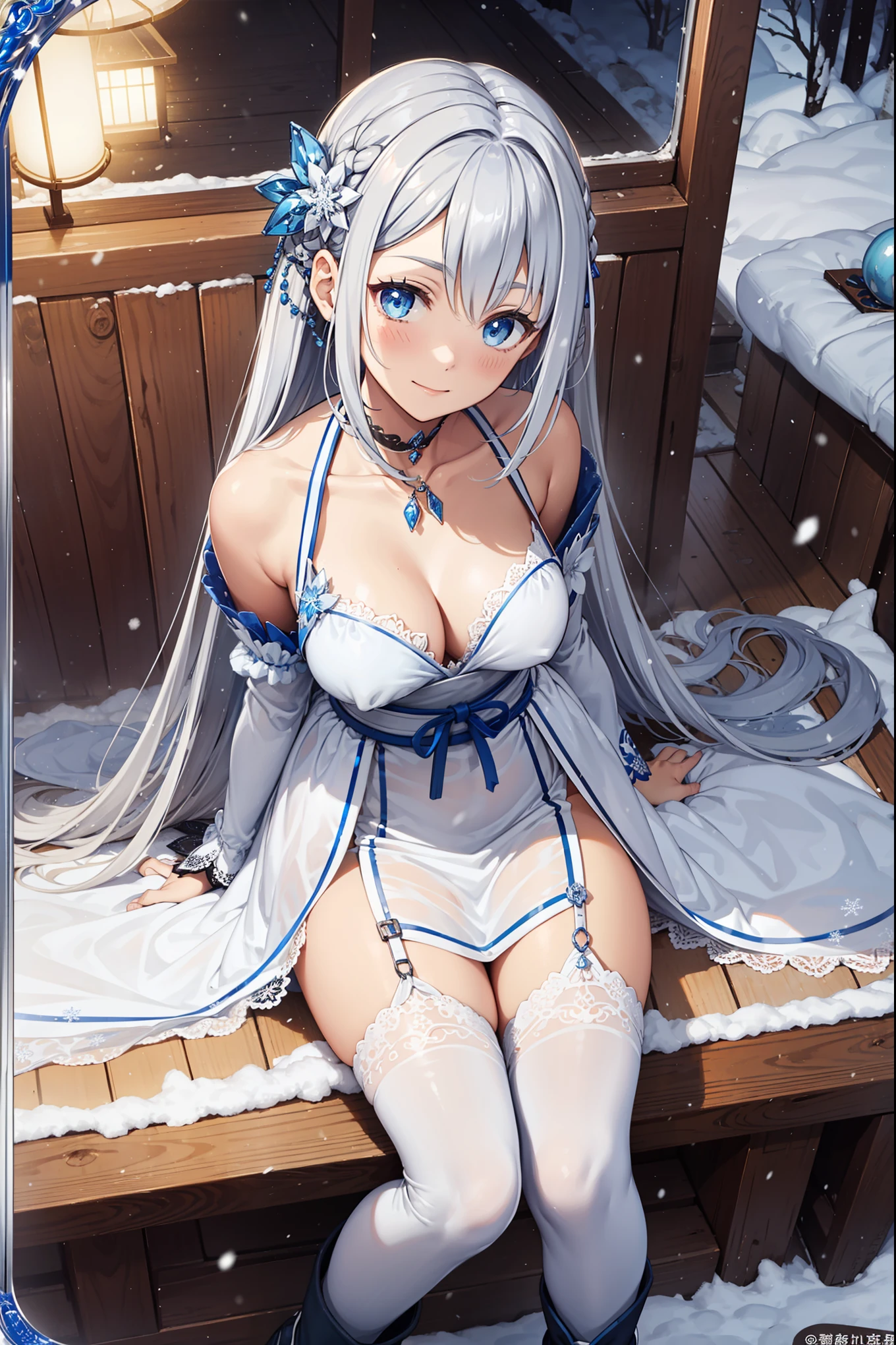 saints,Attractions,having fun,in love,(Western magic white dress),silver hair,blue eyes,Suitable for transparent clothes,Decoration of saints,Sky blue cloth,Snowflake pattern,Sky blue pattern,snowy night,Transparent lace,exquisite clothing,sitting position,the only person,Japanese garden,(night:1.1),snow,(Long suspender boots:1.1),Exquisite and beautiful face,sitting position