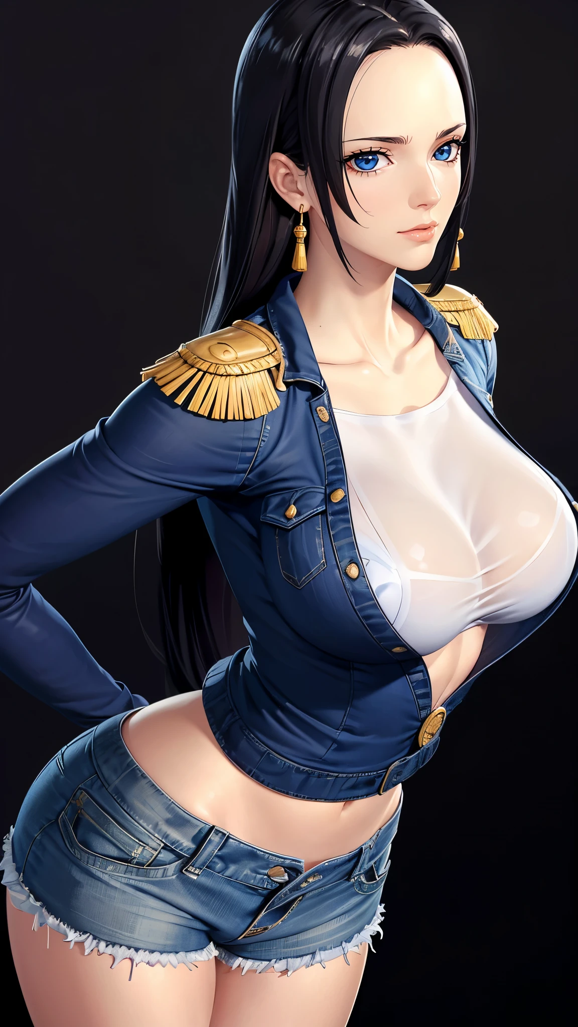 （（（完美figure，figure，Black shirt, denim jacket, denim shorts, （（（boa hancock，Dark long hair, combed with a chiffon hairstyle, slightly wide forehead smooth and flat, deep blue eyes, slender and delicate corners of the eyes, almond eyes exuding a hint of coldness, nose bridge high and straight, nose small and delicate, lips soft without any wrinkles. Wearing a pair of snake shaped golden earrings under the ears）））((masterpiece)),high resolution, ((Best quality at best))，masterpiece，quality，Best quality，（（（ Exquisite facial features，looking at the audience,There is light in the eyes，Happy，lol））），型figure:1.7））），（（（Interlacing of light and shadow，huge boobs））），（（（looking into camera，black background，bend over）））