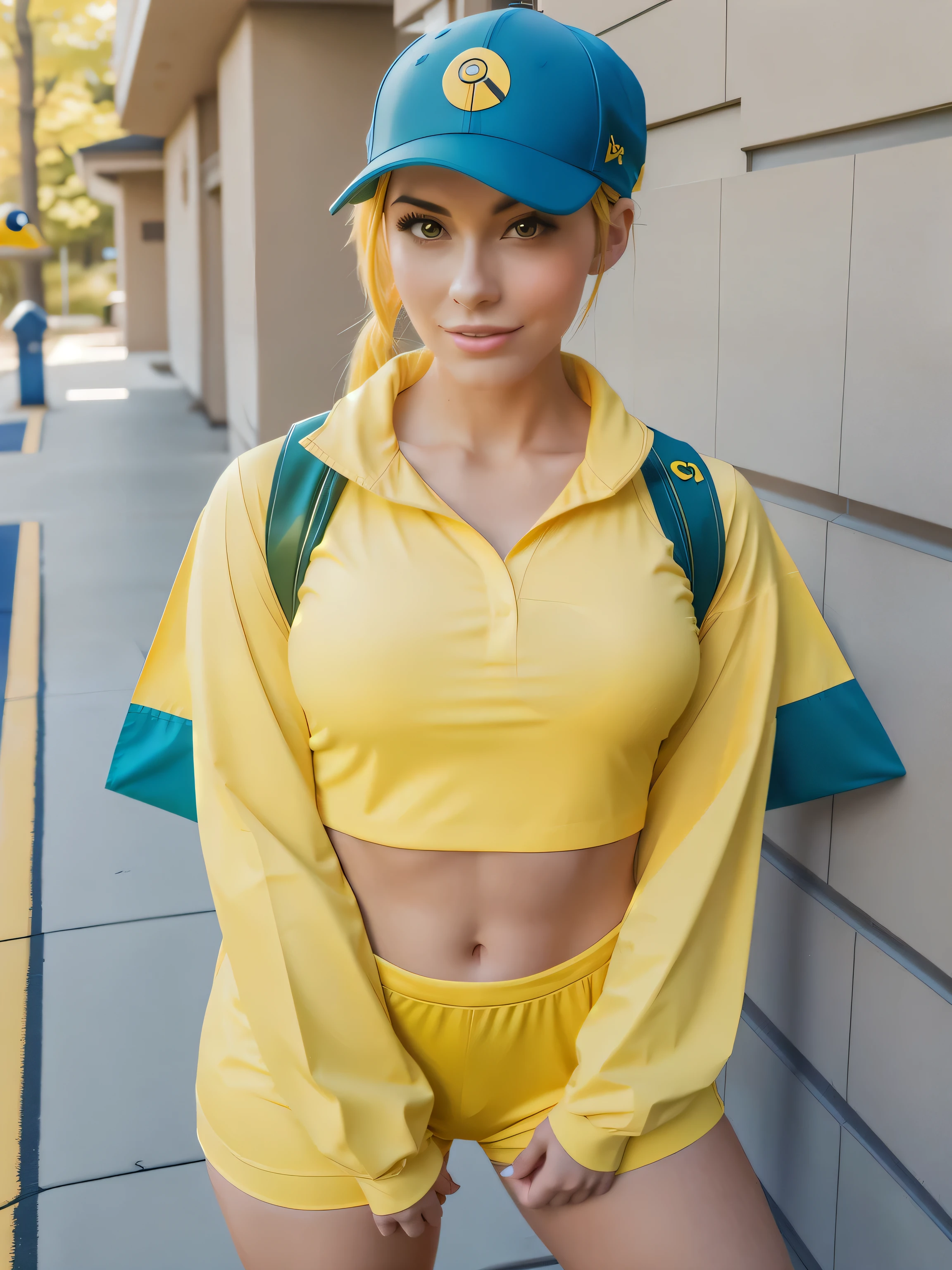araffe in a yellow shirt and blue hat posing for a picture, pokemon trainer outfit, anime girl cosplay, misty from pokemon, anime girl in real life, anime cosplay, pikachu as a human, full-cosplay, as overwatch character, ashe from overwatch, cosplay photo, cosplayer dressed like a crab, professional cosplay, belle delphine, pokemon inspired, cosplayer