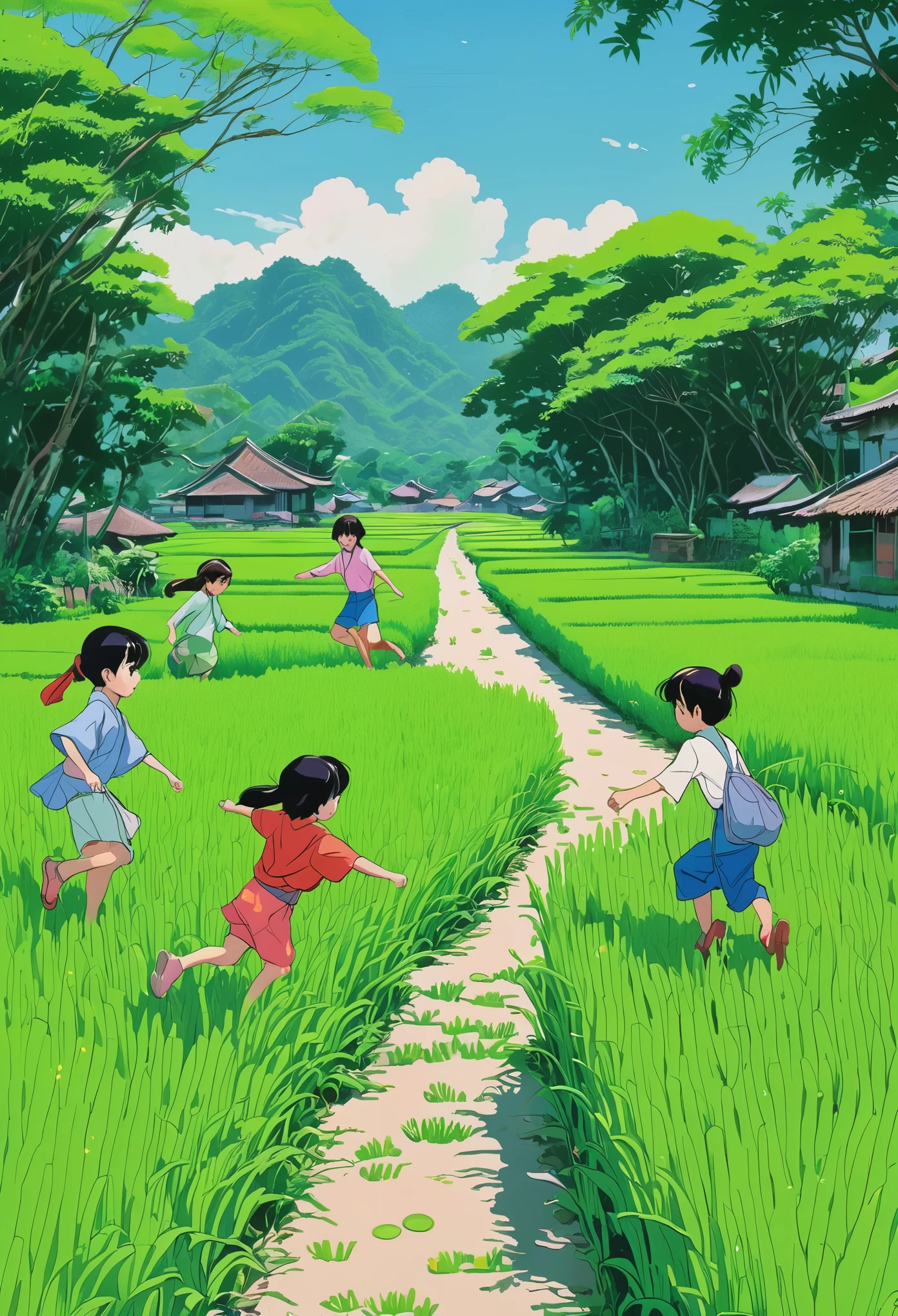 Award-winning 90s Anime Artwork: 5 kids play around on a green rice field in Vietnam, Childhood sweethearts memory scene. Tree flowers branches in both sides of the road. In style of bold brush stroke pencil color. --ar 3:2 --stylize 75 --v 6