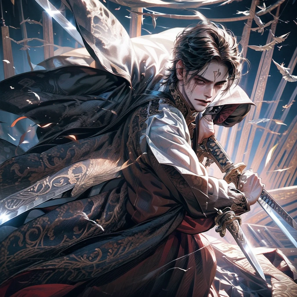 a black hair men holds a sword to a war, shining blade, fantasy sword, light effect on sword, masterpiece, best quality, dramatic lighting, fighting pose, dramatic scenery, war scenery, young men, handsome men, magnificent men, fantasy effect, shining blade, holding sword, war, battlefield, chaos scenery, battlefield scenery, cool handsome swordsman, martial arts, detailed eyes, intense eyes, tall, smirk with fierce eyes, red liquid on face