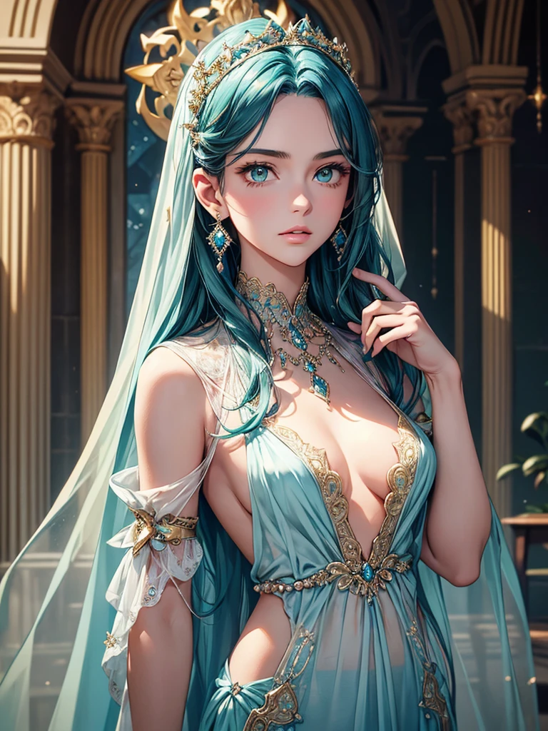 (best quality, high resolution, masterpiece:1.2), Super detailed, Beautiful and delicate lake green eyes, Beautiful and delicate lips, extremely detailed face, super long hair, 1 girl, Beautiful girl with aqua blue hair, Wearing a royal blue royal costume, see-through chiffon platinum shawl, (gold ornaments), golden and silver pattern, (light blue pattern), (complex pattern:0.7), Lovely, attractive, portrait, delicate eyes, ancient church, Luminous earrings, Reflective pupil, see-through clothing design, (empty:0.7), (silk), ((chiffon)), see-through chiffon, (lace:0.9), black gloves, Gem necklace, Diamond ring, Diamond hairpin, Cubist Futurism, anime, 8K, textured skin, UHD, ccurate, super detail