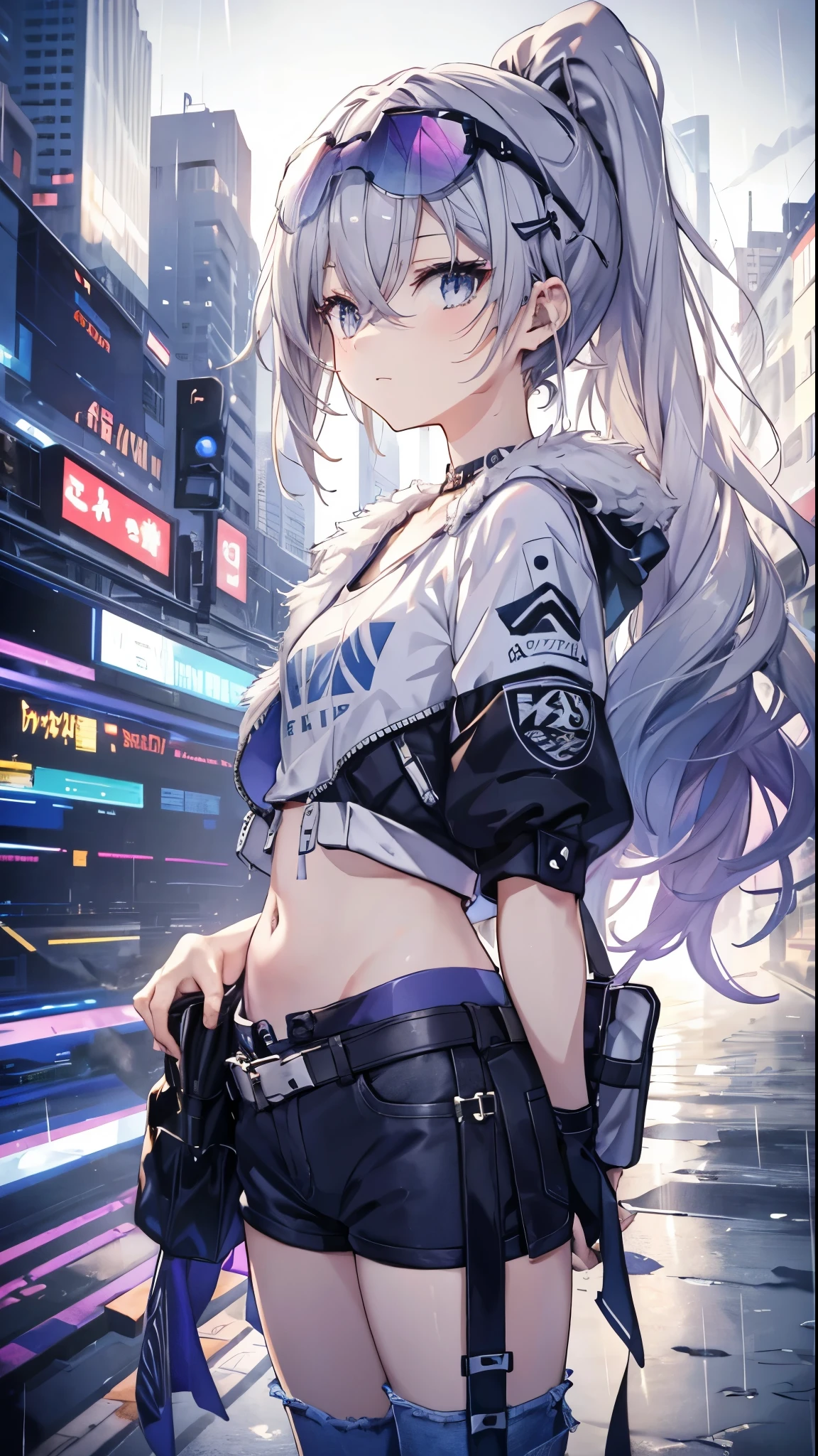 Beautiful masterpiece, best quality, illustration style, An anime girl with a curly ponytail, beautiful eyes, summer, The hem of the white short-sleeved shirt was blown up by the wind, jeans, Blue and purple gradient goggles, small, heartwarming, young and beautiful, Heroic and heroic, Black and white matching, white hair, Show a natural and casual style. Dynamic postures contain the golden section, Large aperture portrait, blank, Strong contrast between light and shadow, Super texture, Super clear and concise pictures, showing extremely beautiful, Elegance, exquisite facial expressions, city background, rain, Road area water reflection