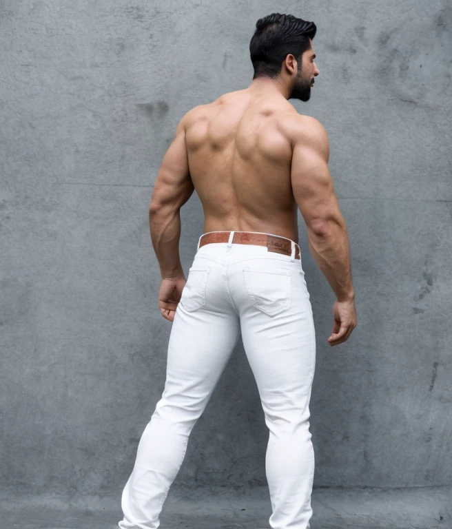 male, vaquero musculoso, rostro, realista, foto cuerpo completo con jeans, barba corta. Chayanne. White jeans backside