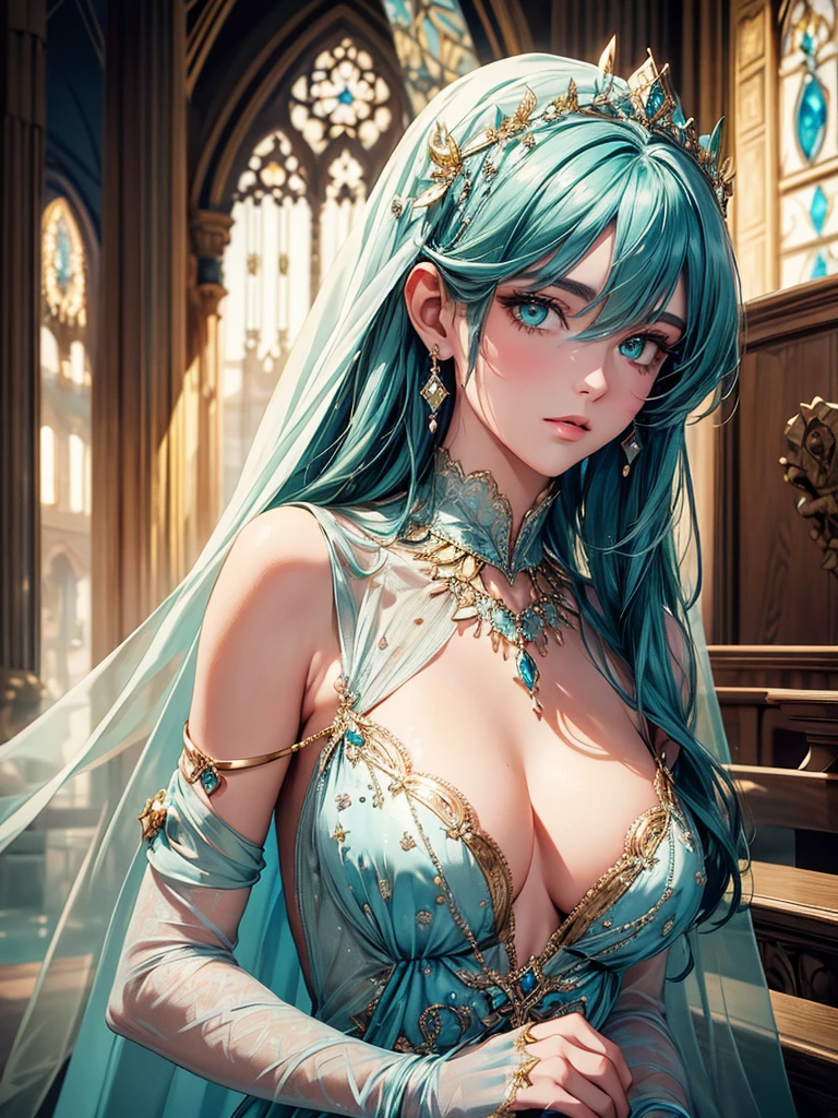 (best quality, high resolution, masterpiece:1.2), Super detailed, Beautiful and delicate lake green eyes, Beautiful and delicate lips, extremely detailed face, super long hair, 1 girl, Beautiful girl with aqua blue hair, Wearing a royal blue royal costume, see-through chiffon platinum shawl, (gold ornaments), golden and silver pattern, (light blue pattern), (complex pattern:0.7), Lovely, attractive, portrait, delicate eyes, ancient church, Luminous earrings, Reflective pupil, see-through clothing design, (empty:0.7), (silk), ((chiffon)), see-through chiffon, (lace:0.9), black gloves, Gem necklace, Diamond ring, Diamond hairpin, Cubist Futurism, anime, 8K, textured skin, UHD, ccurate, super detail