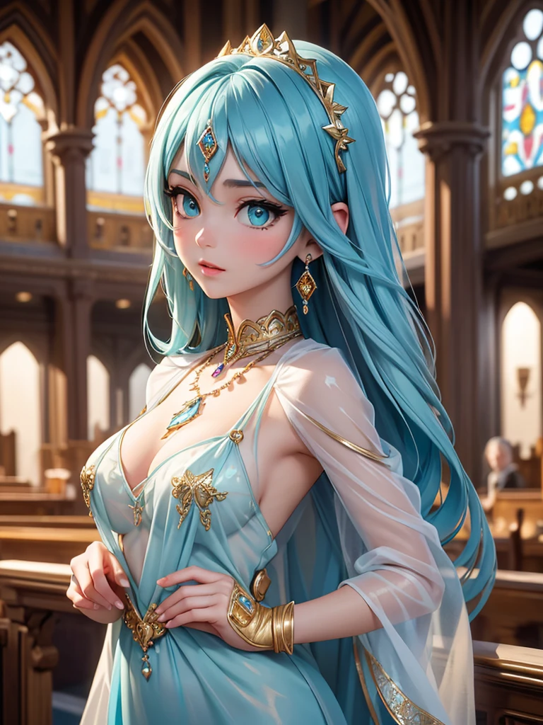 (best quality, high resolution, masterpiece:1.2), Super detailed, Beautiful and delicate lake green eyes, Beautiful and delicate lips, extremely detailed face, super long hair, 1 girl, Beautiful girl with aqua blue hair, Wearing a royal blue royal costume, see-through chiffon platinum shawl, (gold ornaments), golden and silver pattern, (light blue pattern), (complex pattern:0.7), Lovely, attractive, portrait, delicate eyes, ancient church, Luminous earrings, Reflective pupil, see-through clothing design, (empty:0.7), silk, chiffon, (see-through chiffon), (lace:0.9), black gloves, Gem necklace, Diamond ring, Diamond hairpin, Cubist Futurism, anime, 8K, textured skin, UHD, ccurate, super detail